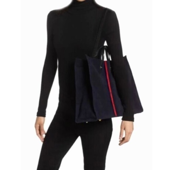 Clare V Simple Tote (Navy Blue Perforated Suede) + Bonus Stripe Crossbody Strap! - Picture 2 of 10